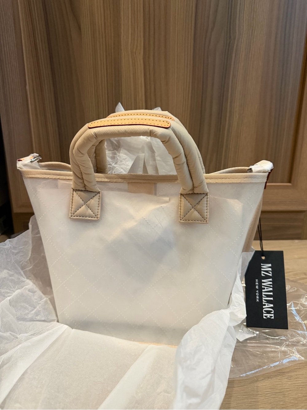 MZ Wallace Cream and Tan stadium Mini Quilted Tote New